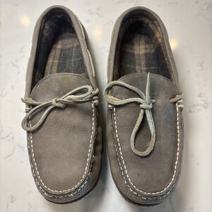LL Bean‎ Gray Leather SlipOn Flannel Lined Handsewn Slippers Rubber Sole SZ 10M